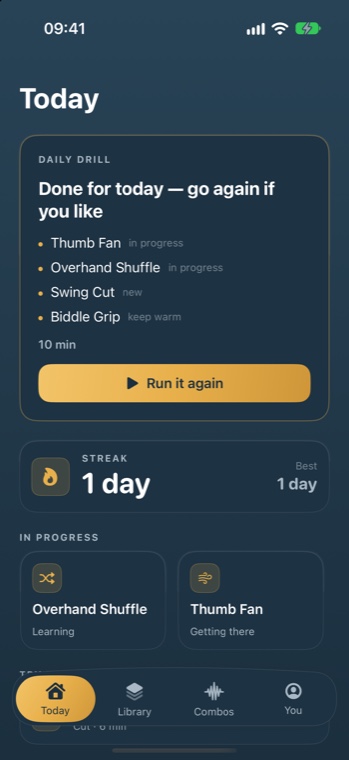 The Today screen: a daily drill card listing four moves with a Start drill button, a one-day streak, and the moves currently in progress.