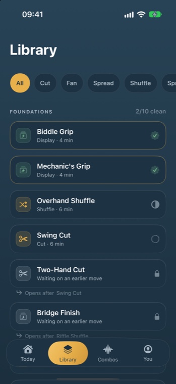 The Library on the Foundations level: two moves marked clean, one in progress, and two closed moves naming the earlier move that opens them.