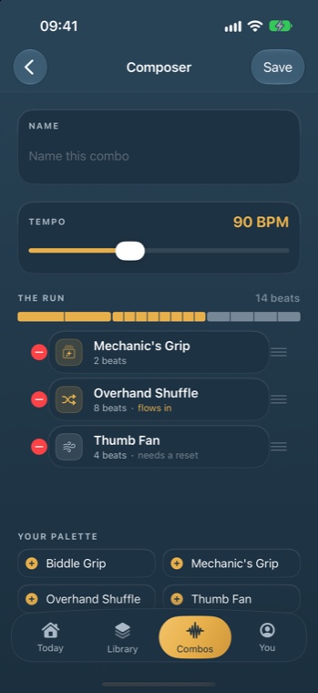 The Combo Composer: a fourteen-beat grid above three moves, one link marked flows in and one marked needs a reset, with the palette of started moves underneath.